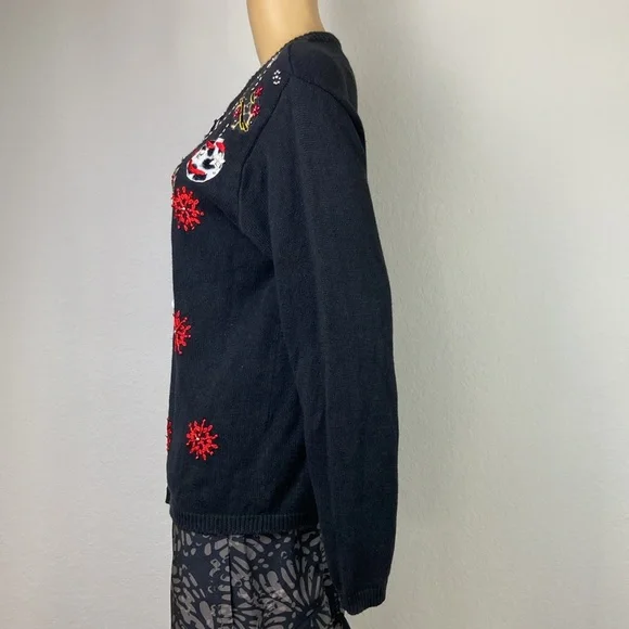 Victoria Jones Black Embroidered Christmas Holiday Cardigan Leopard Print Medium - Picture 4 of 15